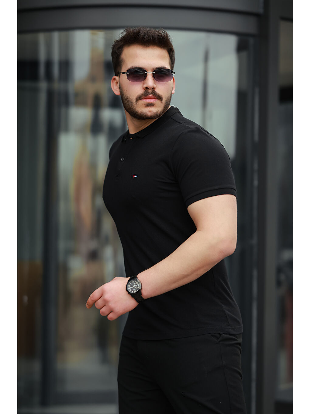 Siyah Erkek Kıvrılmaz Polo Yaka Cepsiz Slim Fit Dar Kesim T-Shirt-2