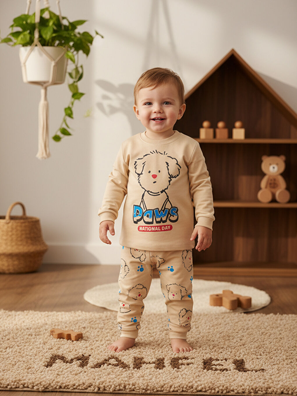 Ekru %100 Pamuklu Krem Köpekli Çocuk Pijama Takımı 1-6 Yaş-1