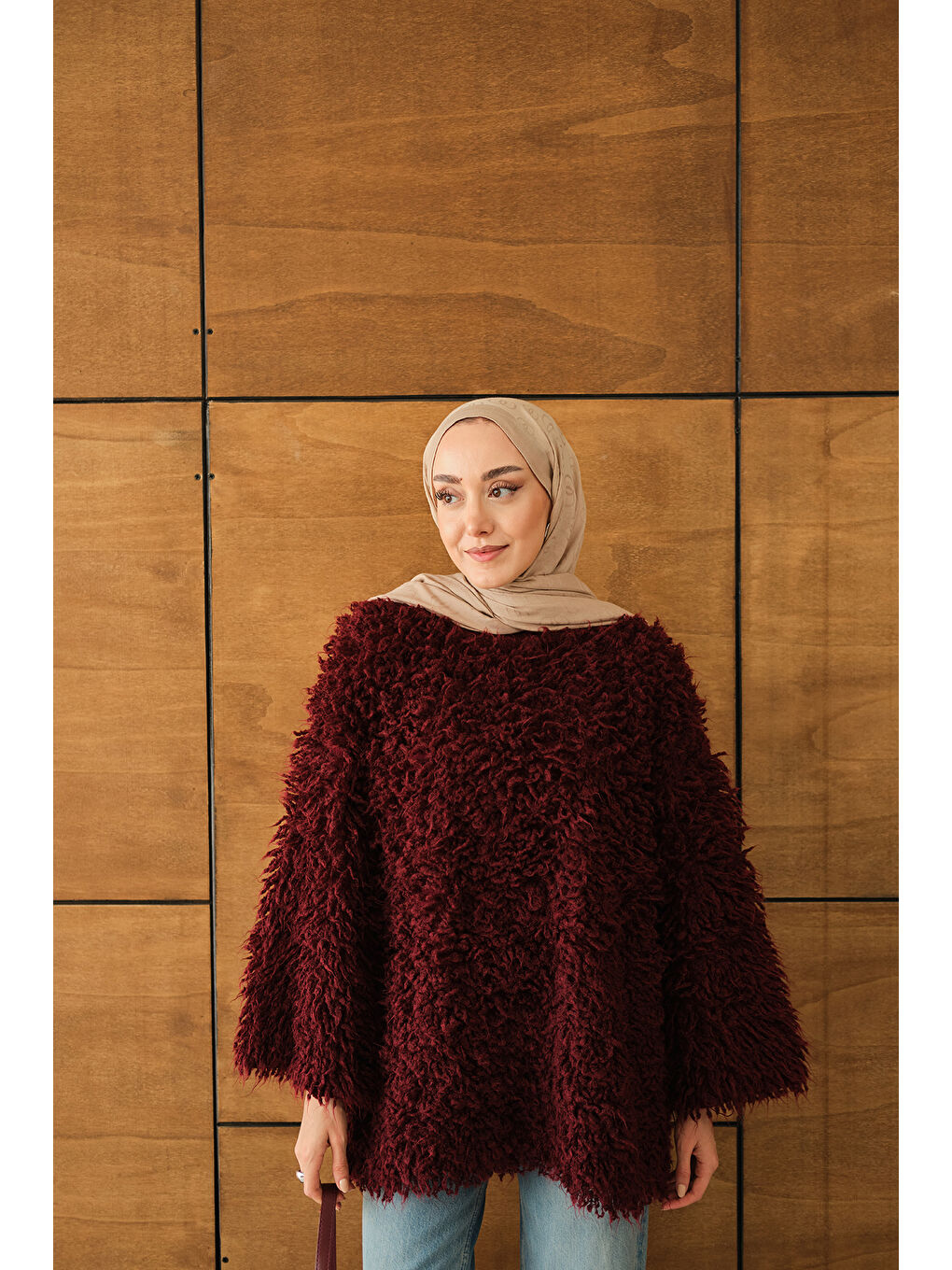 Kadın Kürk Detay Kazak Bordo-4