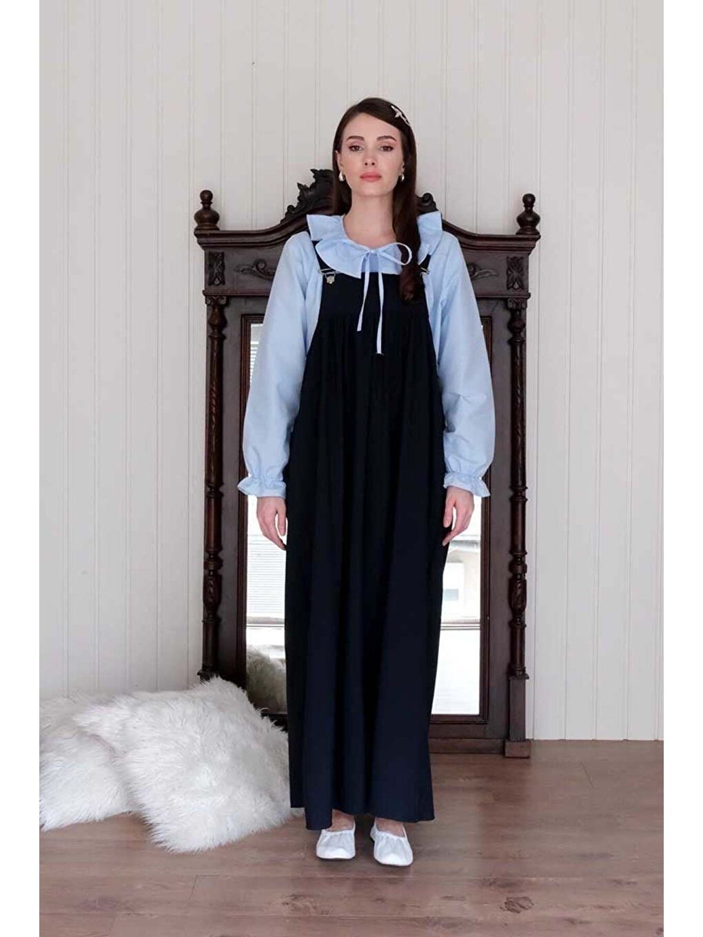 Lacivert Poliviskon Askılı Jile Bebe Mavisi Yakası Fiyonklu Gömlek Takım-2