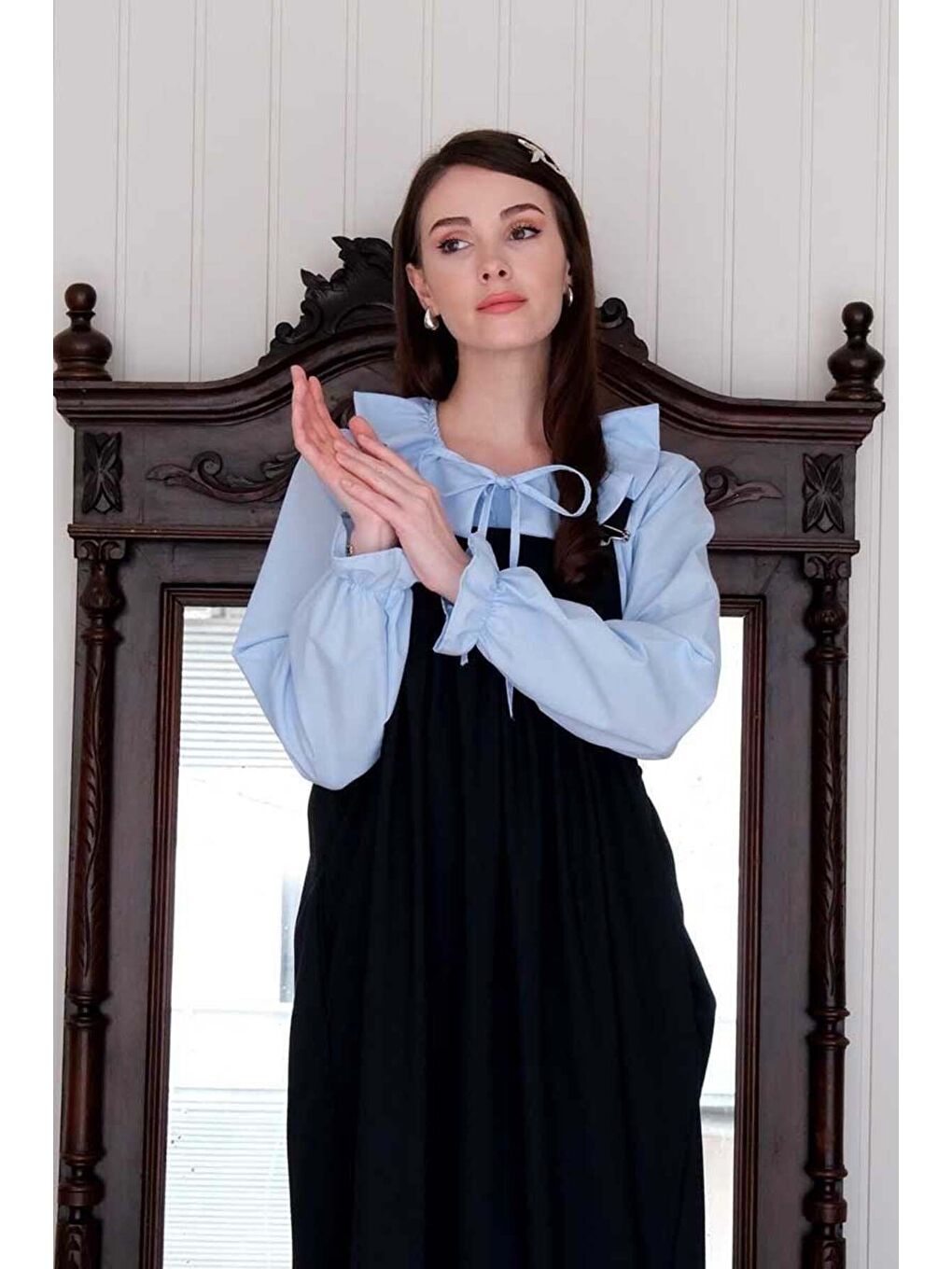 Lacivert Poliviskon Askılı Jile Bebe Mavisi Yakası Fiyonklu Gömlek Takım-3