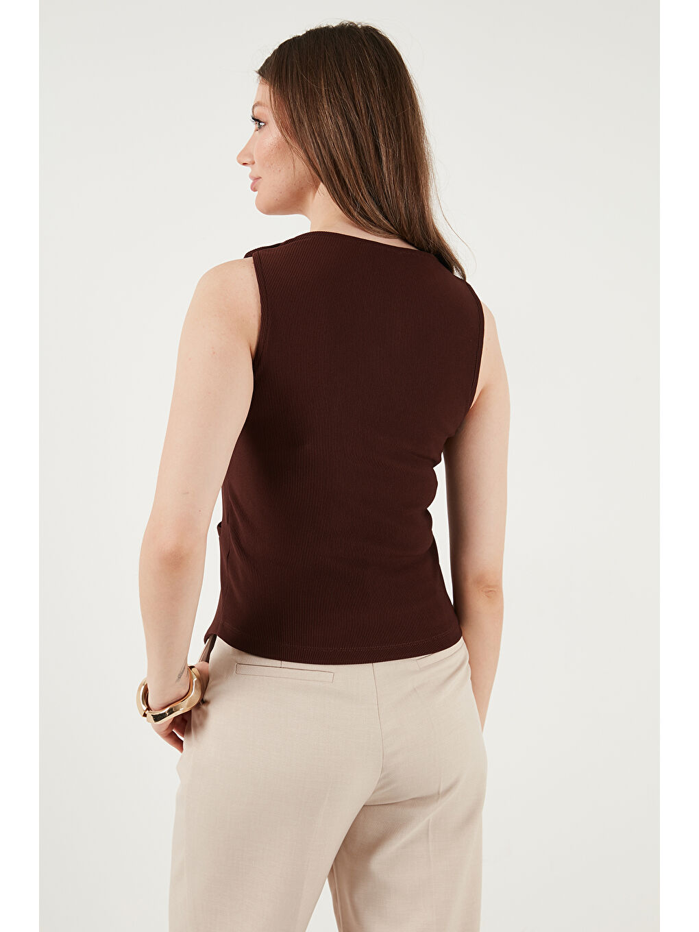 Kahverengi Fittili Regular Fit V Yaka Düğmeli Kadın Yelek 5866559-6