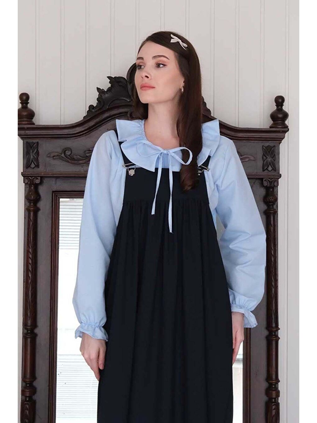 Lacivert Poliviskon Askılı Jile Bebe Mavisi Yakası Fiyonklu Gömlek Takım-5