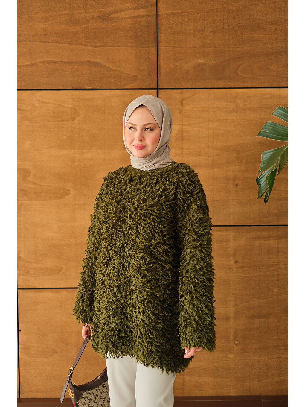 Kadın Kürk Detay Kazak Haki Yeşil-1