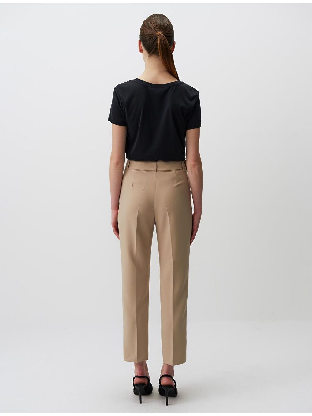 Bej Vizon Yüksek Bel Kemerli Kumaş Pantolon-4