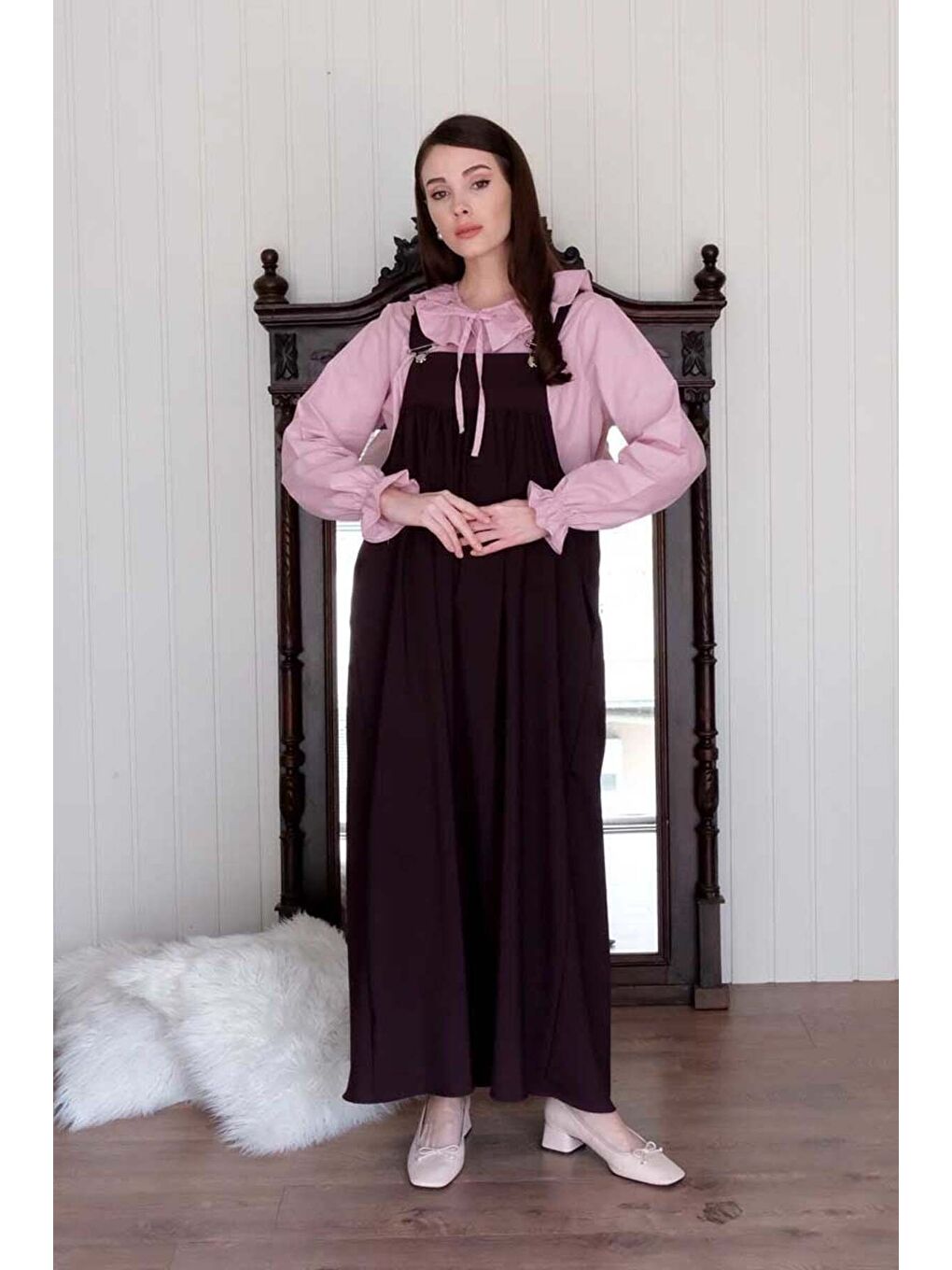 Mürdüm Poliviskon Askılı Jile Pudra Pembesi Yakası Fiyonklu Gömlek Takım-3