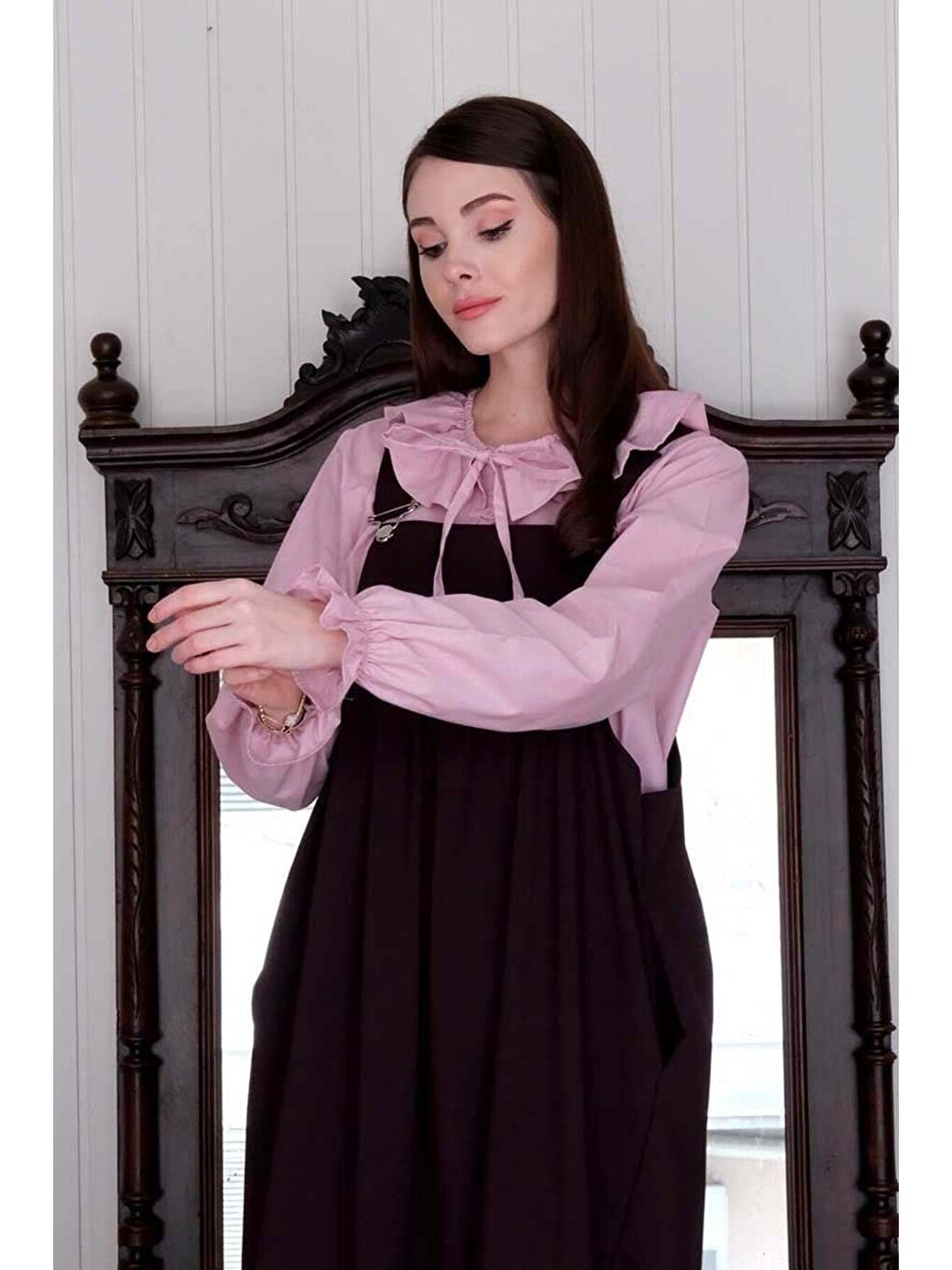 Mürdüm Poliviskon Askılı Jile Pudra Pembesi Yakası Fiyonklu Gömlek Takım-4