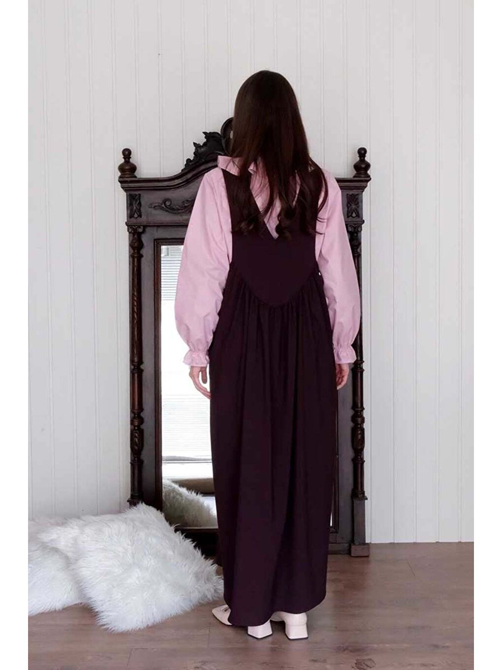 Mürdüm Poliviskon Askılı Jile Pudra Pembesi Yakası Fiyonklu Gömlek Takım-6