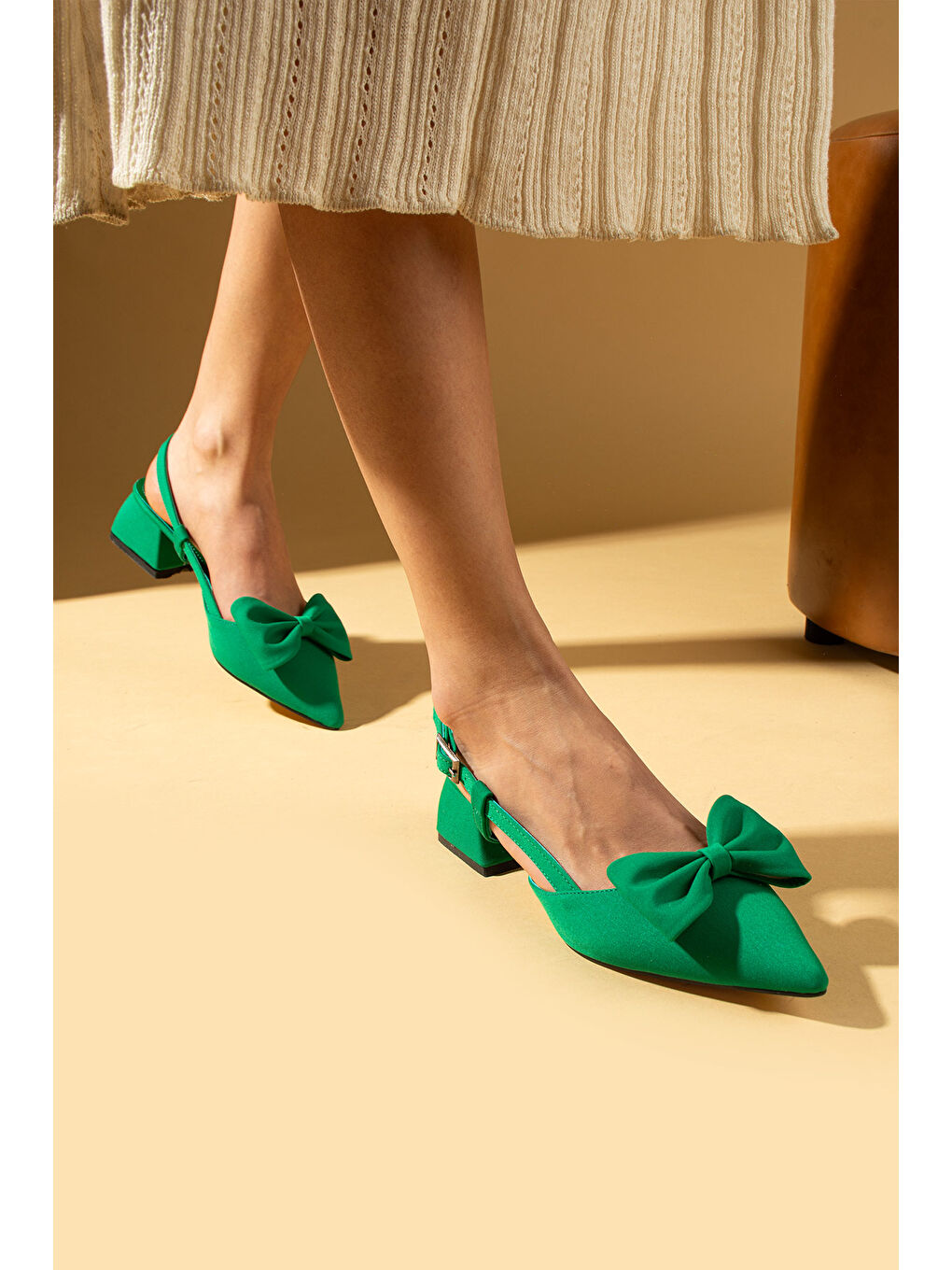 Yeşil Fiyonk Detaylı Saten Kumaş Slingback Kadın Topuklu Ayakkabı 87-141-25Saten-2