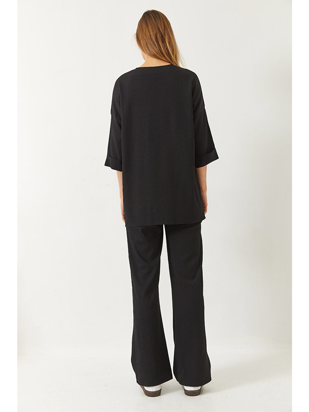 Siyah Kadın Yarım Kollu Palazzo Pantolonlu Bisiklet Yaka Alt-Üst Takım-6