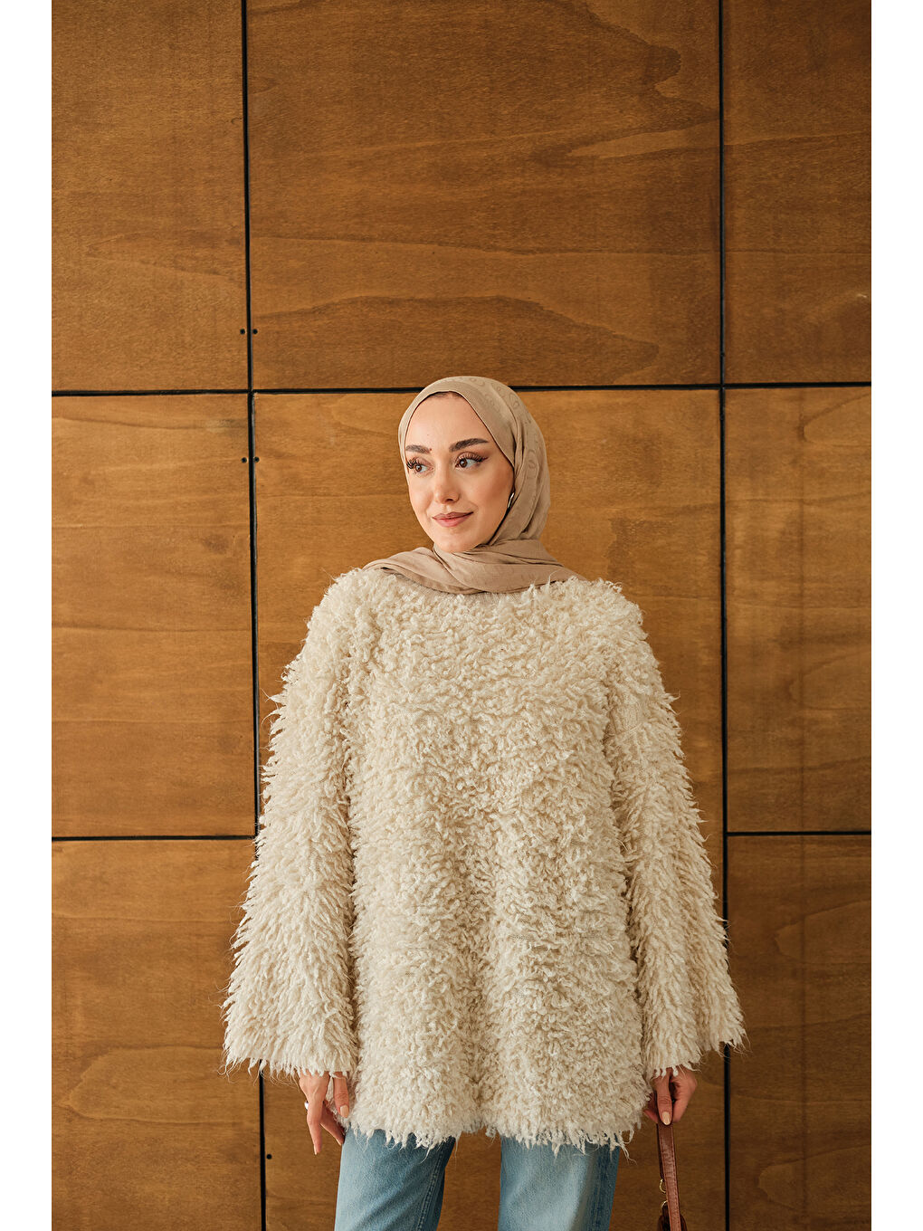 Ekru Kadın Kürk Detay Kazak Krem