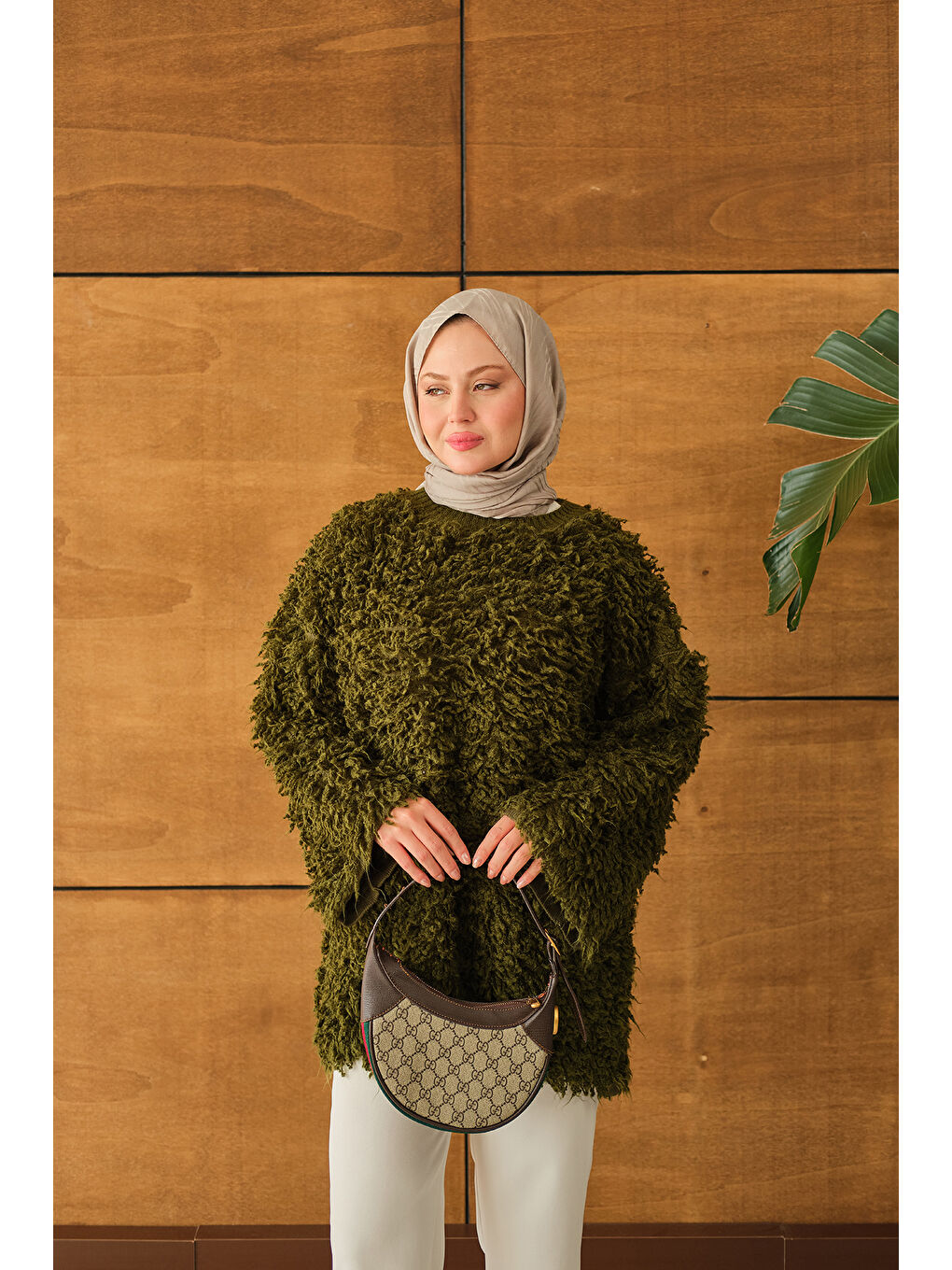 Kadın Kürk Detay Kazak Haki Yeşil-4