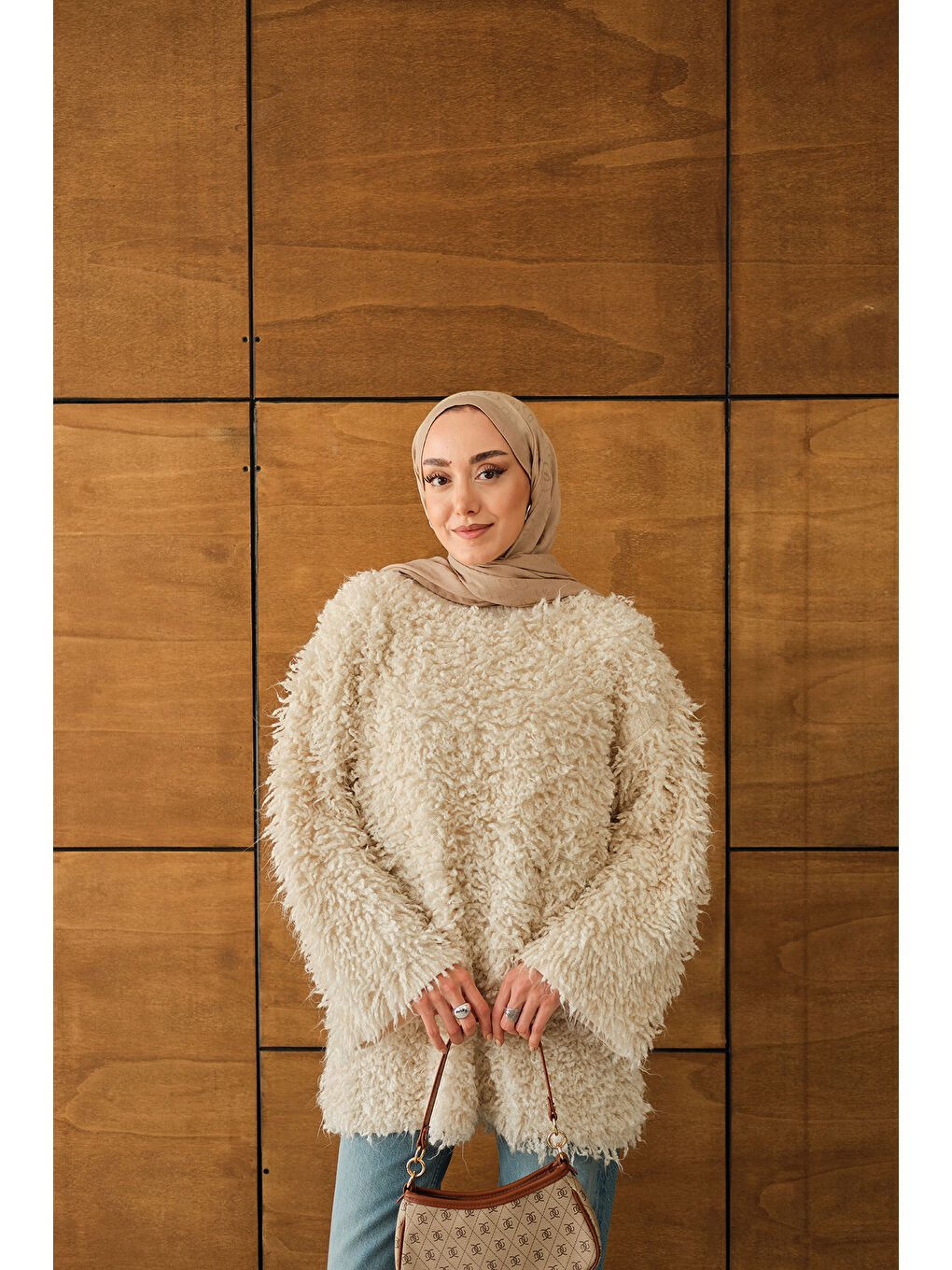 Ekru Kadın Kürk Detay Kazak Krem-1