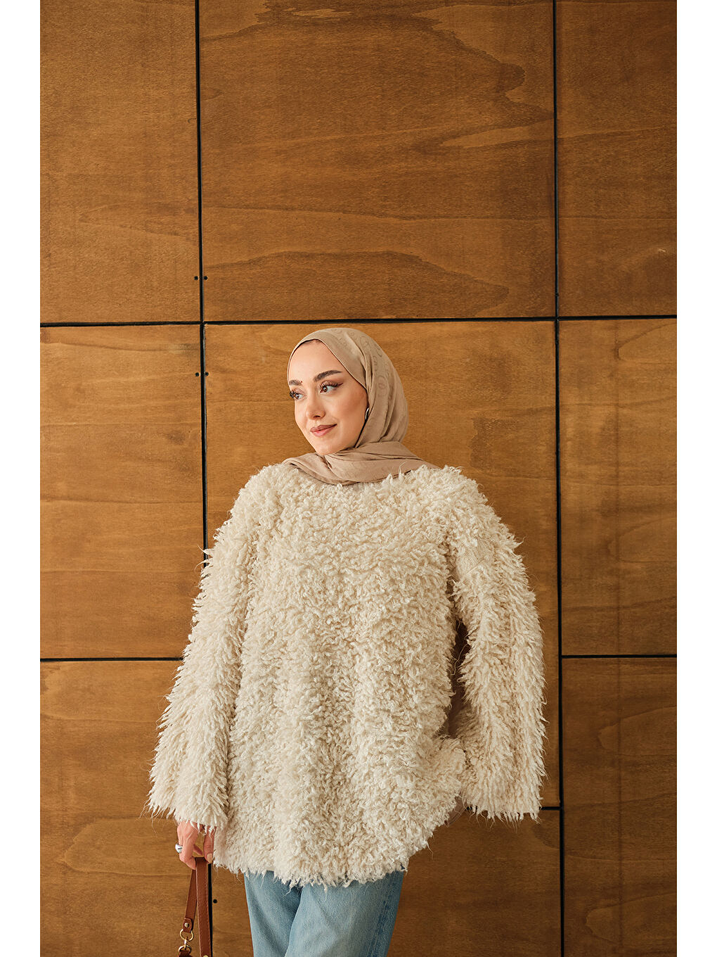 Ekru Kadın Kürk Detay Kazak Krem-2