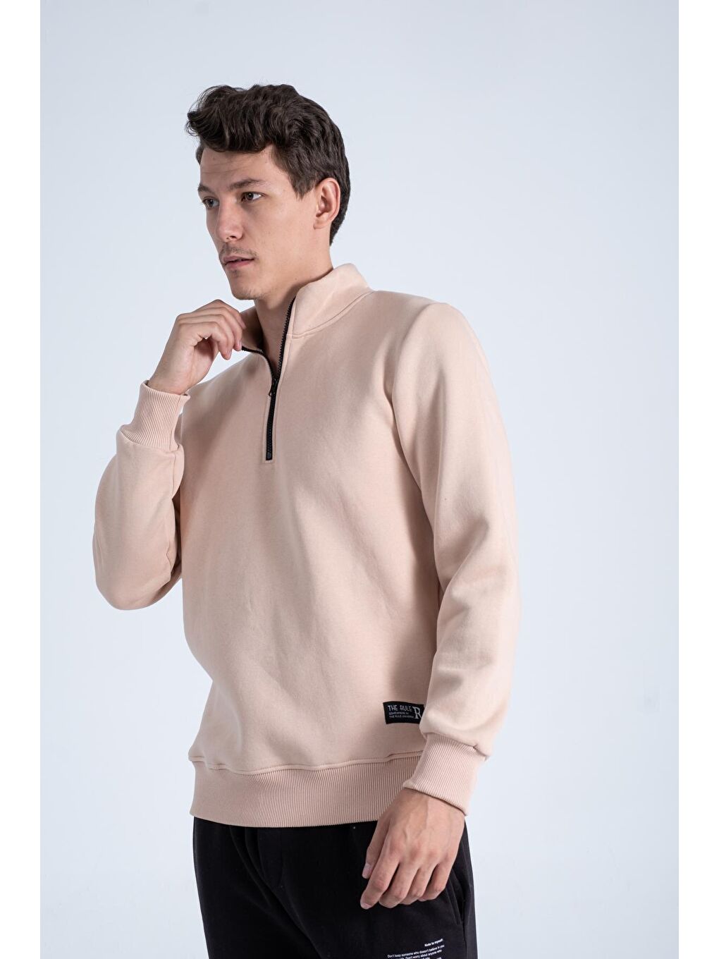 Kahverengi Regular Fit Yarım Fermuarlı Dik Yaka İçi Yumuşak Tüylü Erkek Sweatshirt RF0209-1