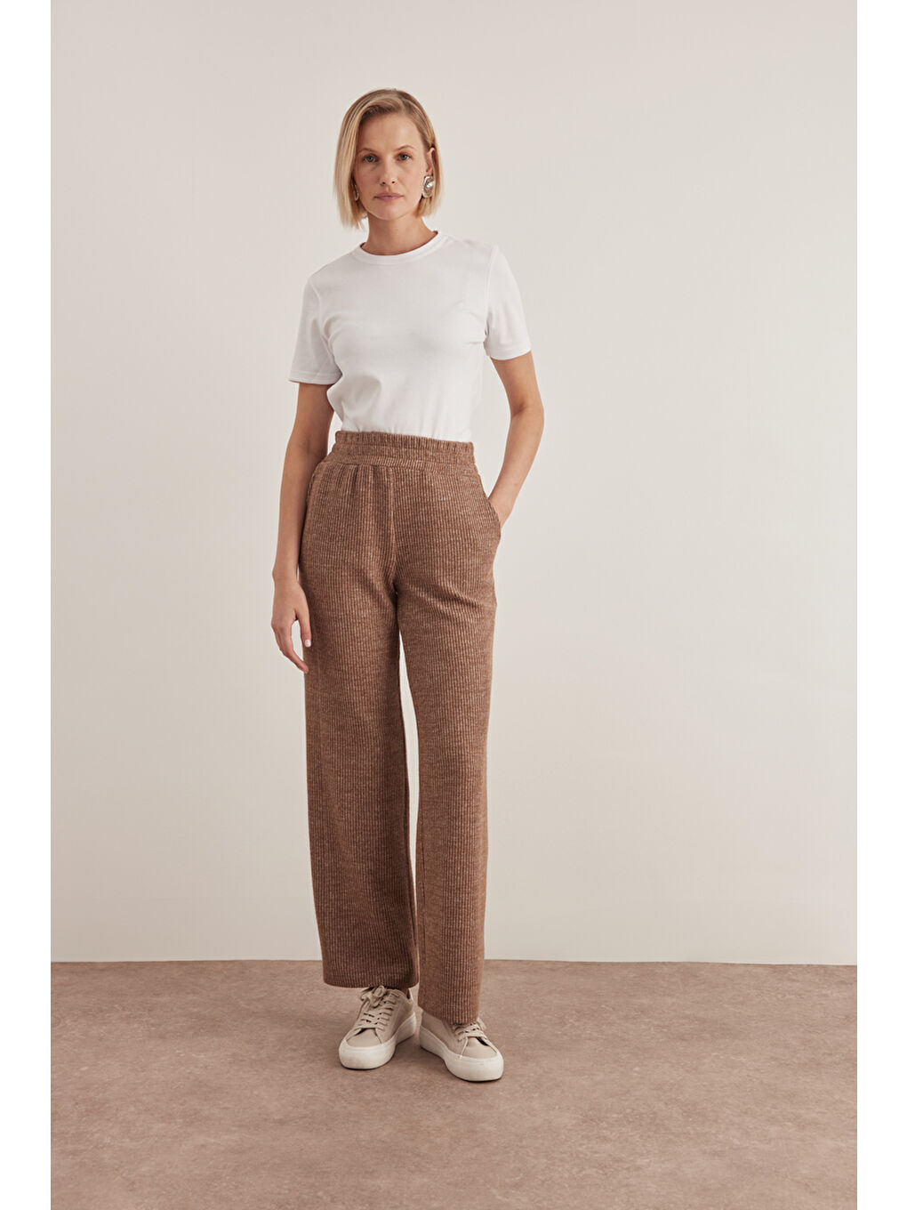 Bej Vizon Triko Beli Lastikli Pantolon