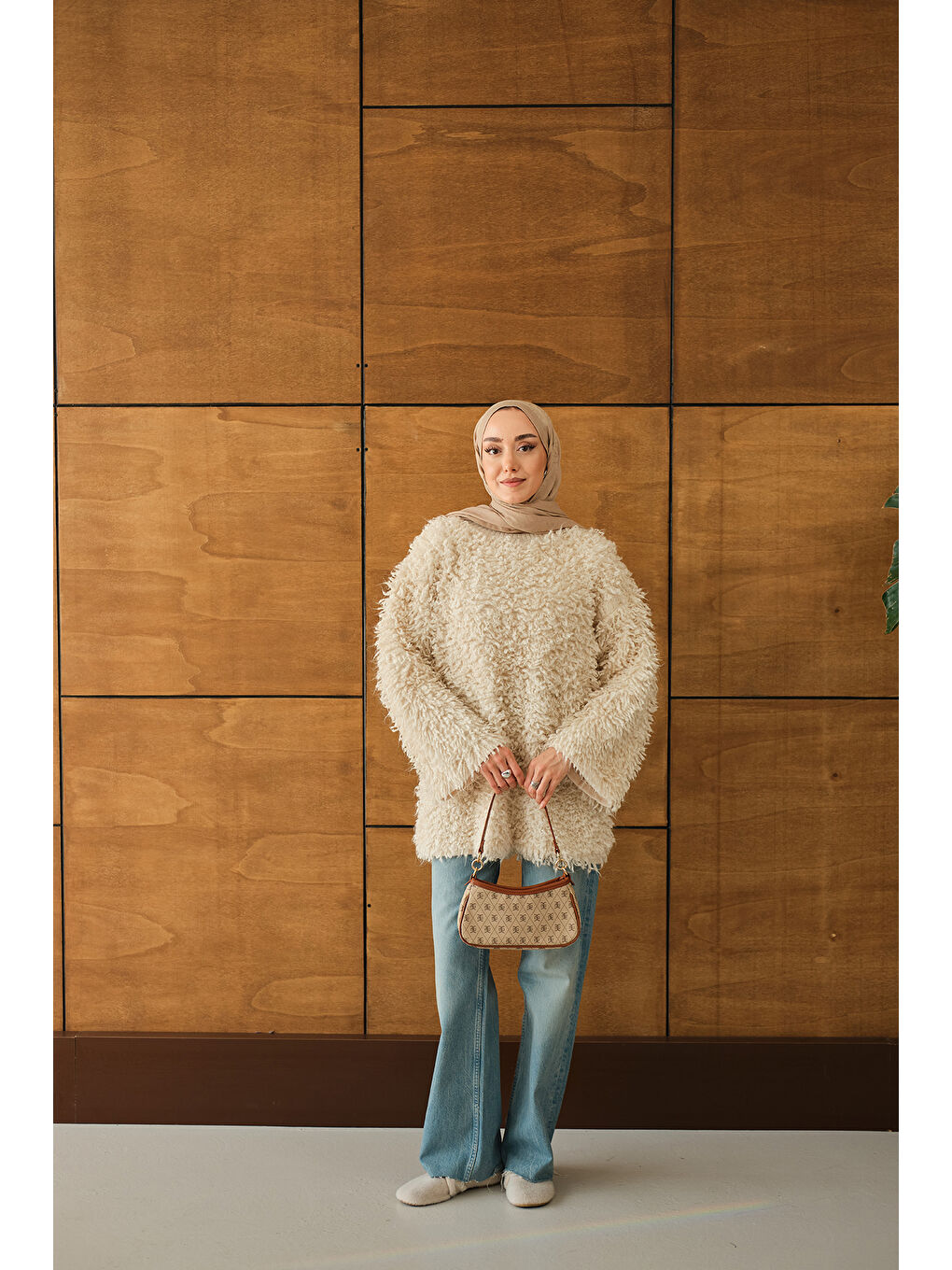 Ekru Kadın Kürk Detay Kazak Krem-3