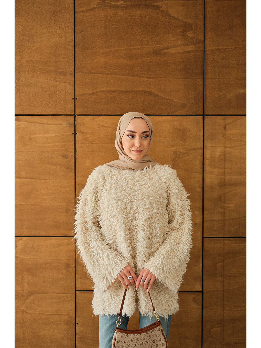 Ekru Kadın Kürk Detay Kazak Krem-4
