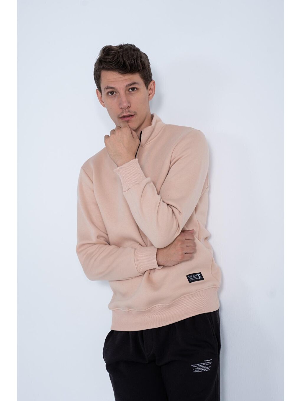Kahverengi Regular Fit Yarım Fermuarlı Dik Yaka İçi Yumuşak Tüylü Erkek Sweatshirt RF0209-2