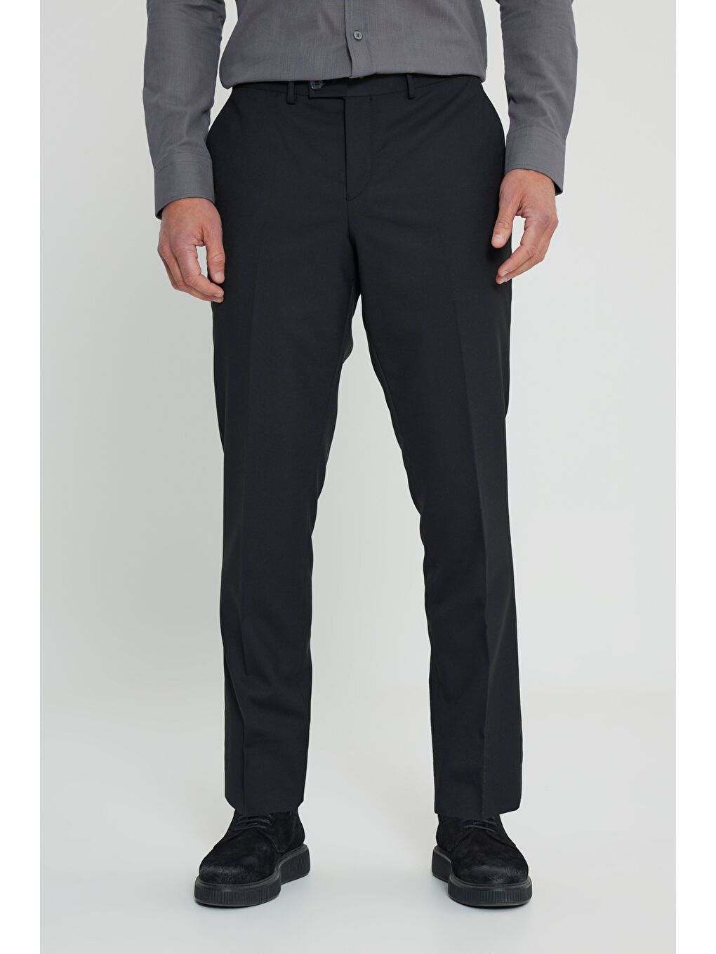 Erkek Siyah Yünlü Slim Fit Dar Kesim Beli Lastikli Yan Cep Klasik Pantolon