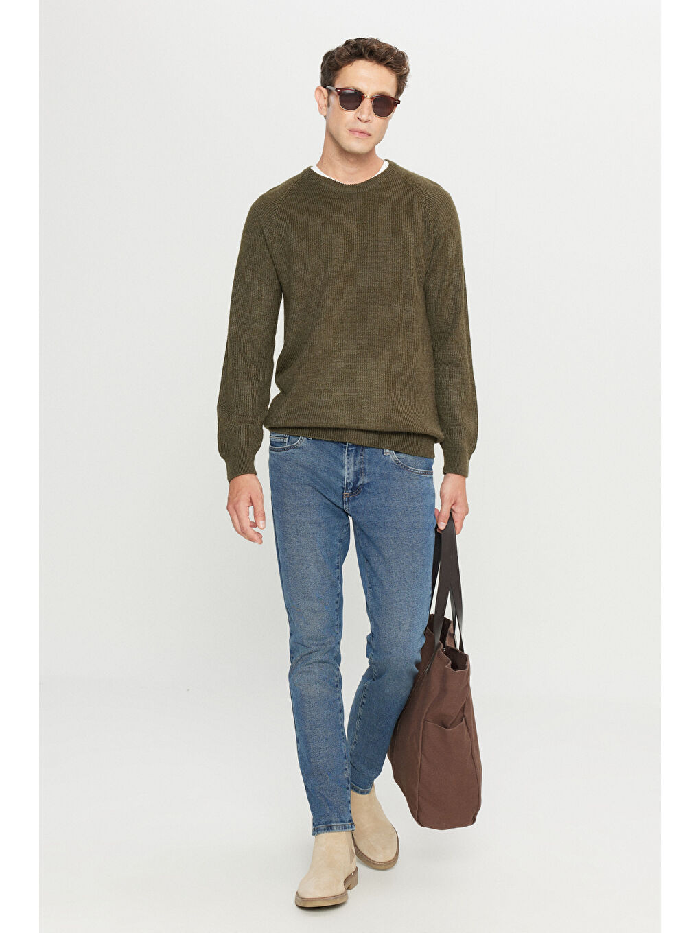 Erkek Haki Standart Fit Normal Kesim Bisiklet Yaka Jakarlı Triko Kazak-1