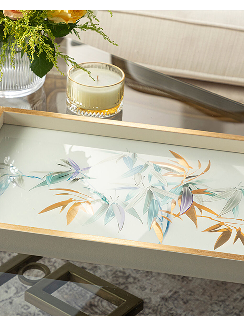 Ekru Bamboo Cam Dekoratif Tepsi Krem-Altın-1