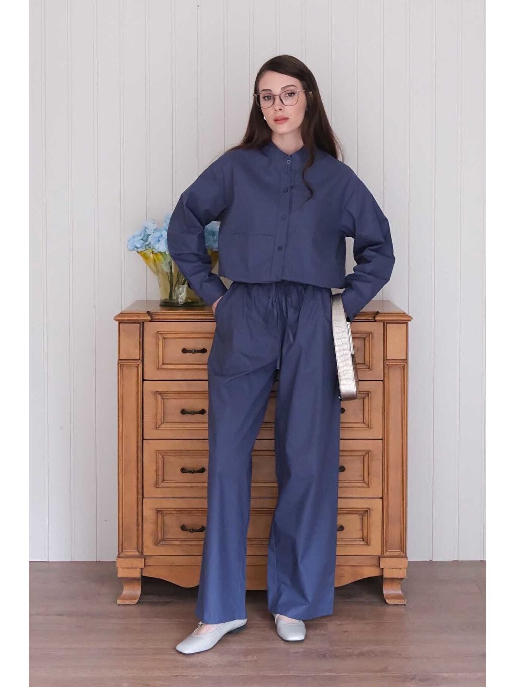 Lacivert Çapraz Cep Detay Gömlek Boru Paça Pantolon Takım-1