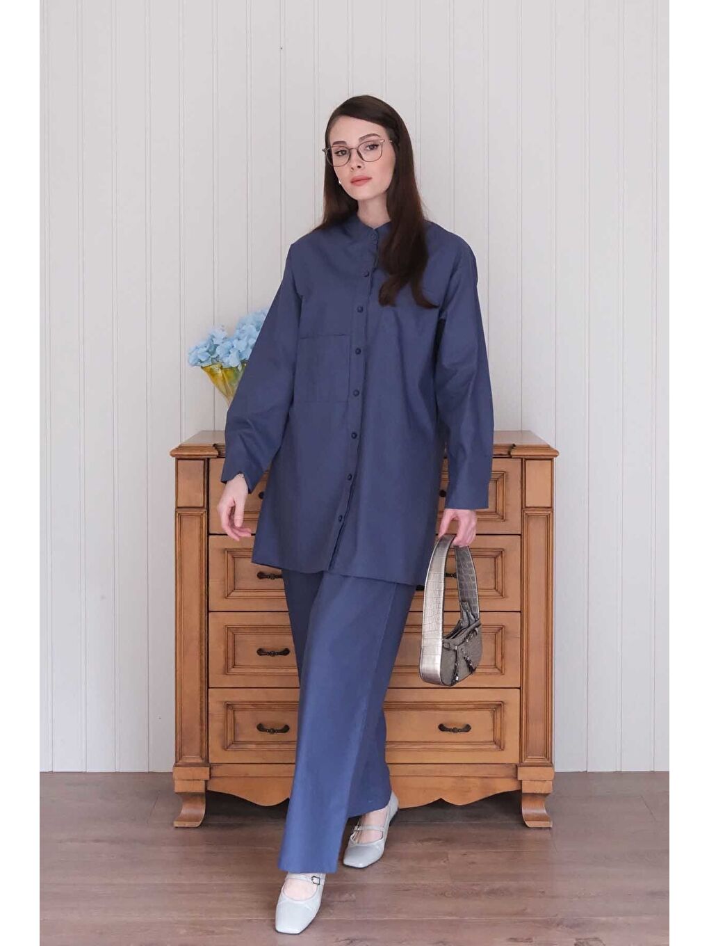 Lacivert Çapraz Cep Detay Gömlek Boru Paça Pantolon Takım-2