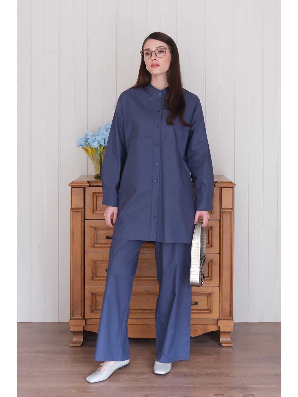 Lacivert Çapraz Cep Detay Gömlek Boru Paça Pantolon Takım-4