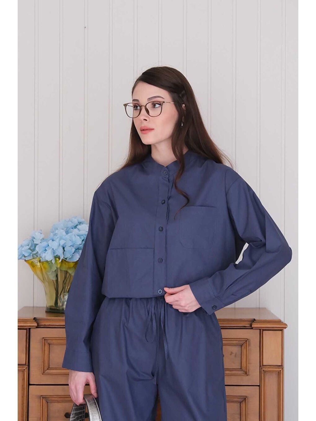 Lacivert Çapraz Cep Detay Gömlek Boru Paça Pantolon Takım-6