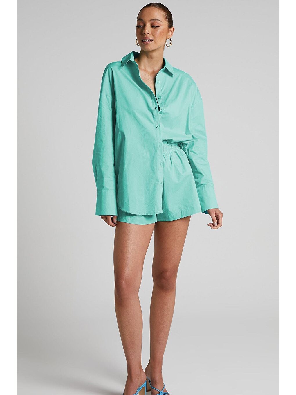 Turkuaz Oversize Basic Kadın Gömlek Mg1794-5