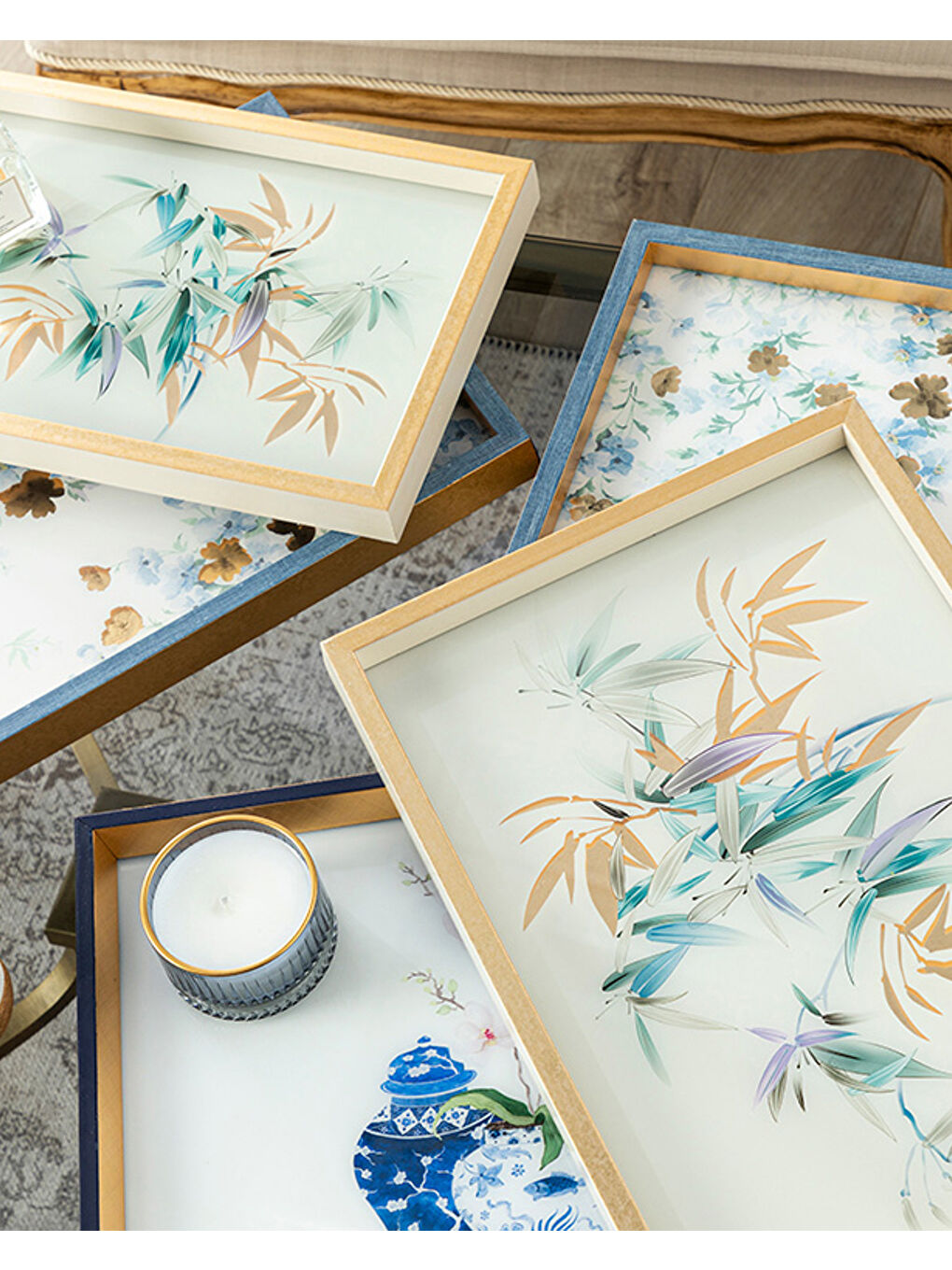 Ekru Bamboo Cam Dekoratif Tepsi Krem-Altın-3