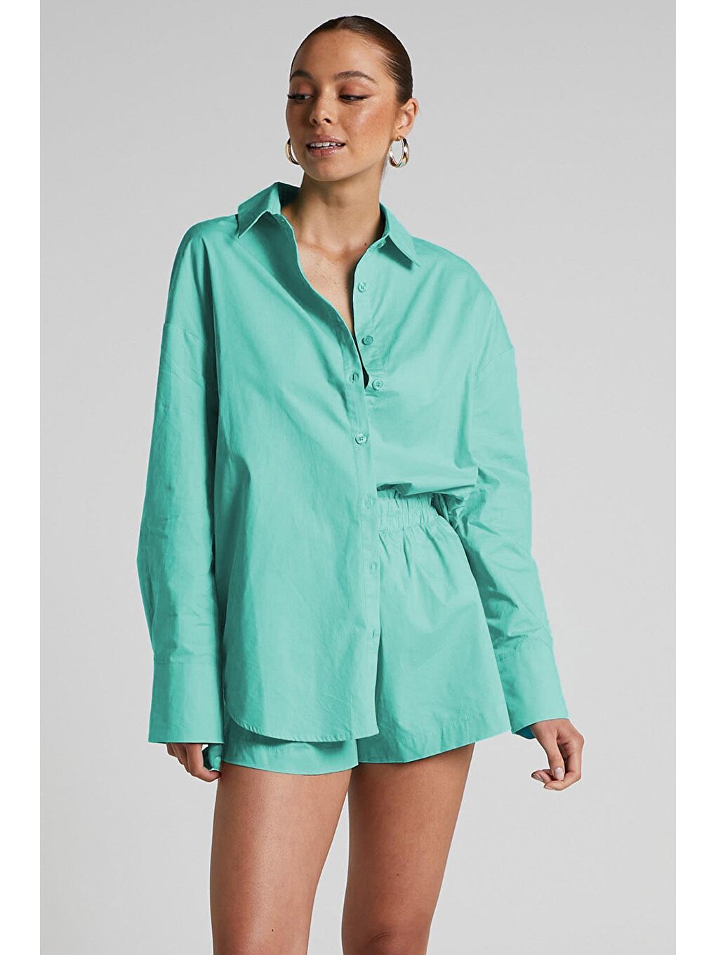 Turkuaz Oversize Basic Kadın Gömlek Mg1794-6
