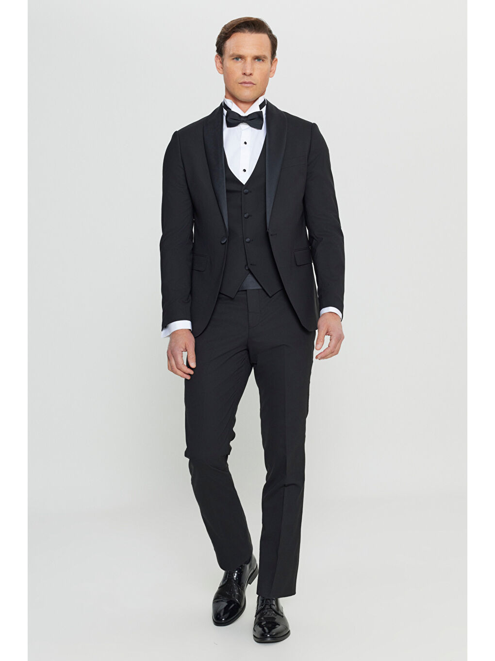 Erkek Siyah Yünlü Slim Fit Çıkma Şal Yaka Kapak Cepli Yelekli Damatlık Smokin Takımı-2