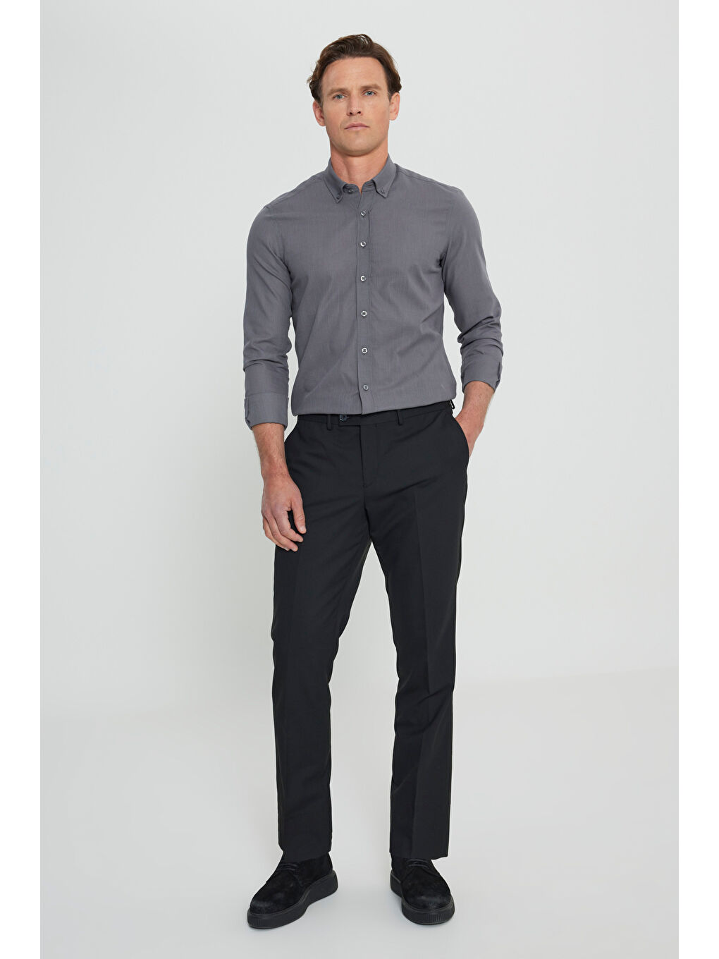 Erkek Siyah Yünlü Slim Fit Dar Kesim Beli Lastikli Yan Cep Klasik Pantolon-1