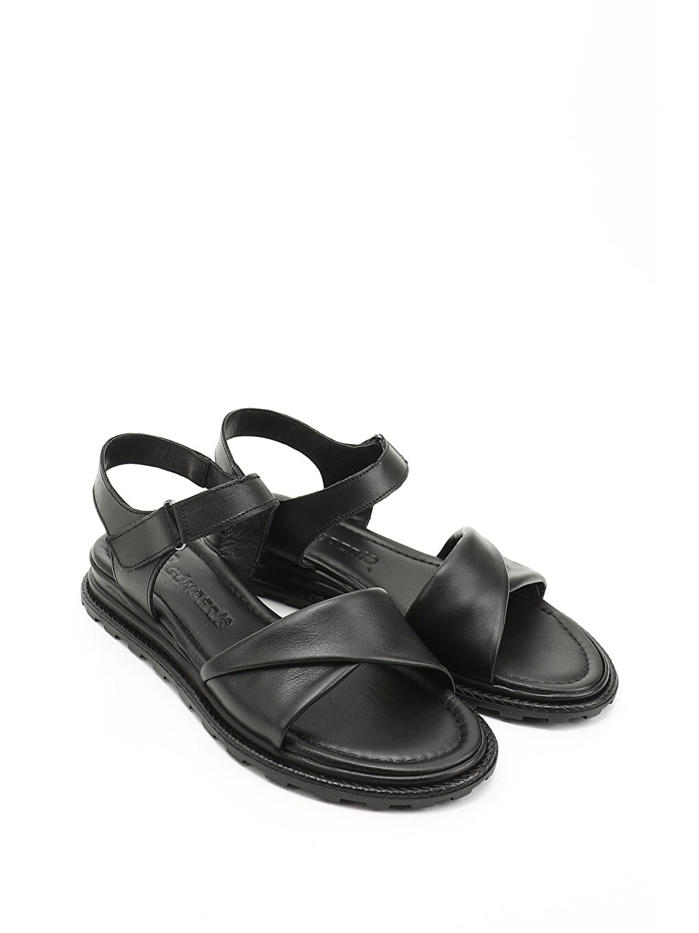 Mor Kadın ZÜMRÜT-SİYAH Cırt Bantlı Hakiki Deri Sandalet-1