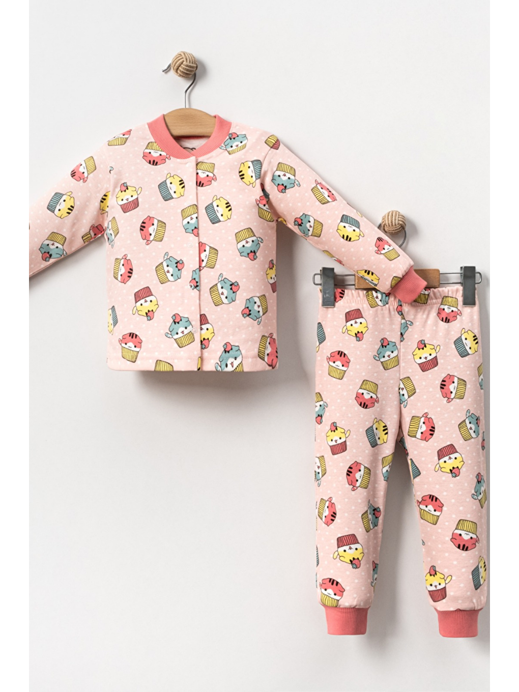 Pembe Kız Çocuk Desenli Pamuklu 2'Li Pijama Takımı