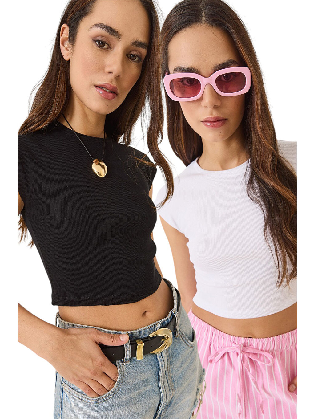 Siyah Kadın Bisiklet Yaka Kısa Kollu Basic Kaşkorse İkili Crop Top T-Shirt