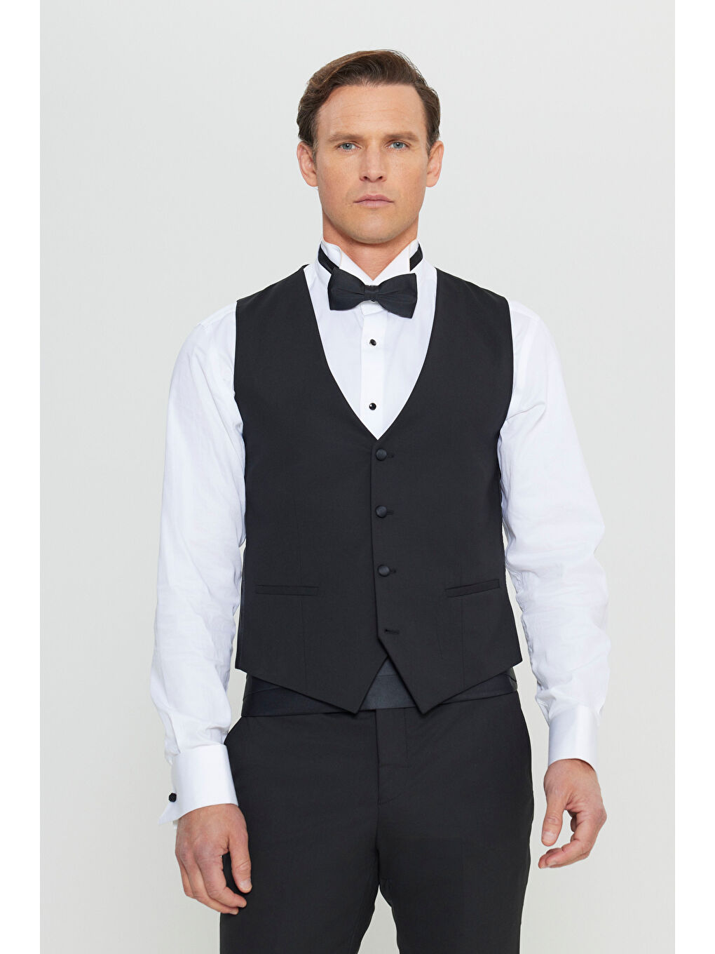 Erkek Siyah Yünlü Slim Fit Çıkma Şal Yaka Kapak Cepli Yelekli Damatlık Smokin Takımı-3