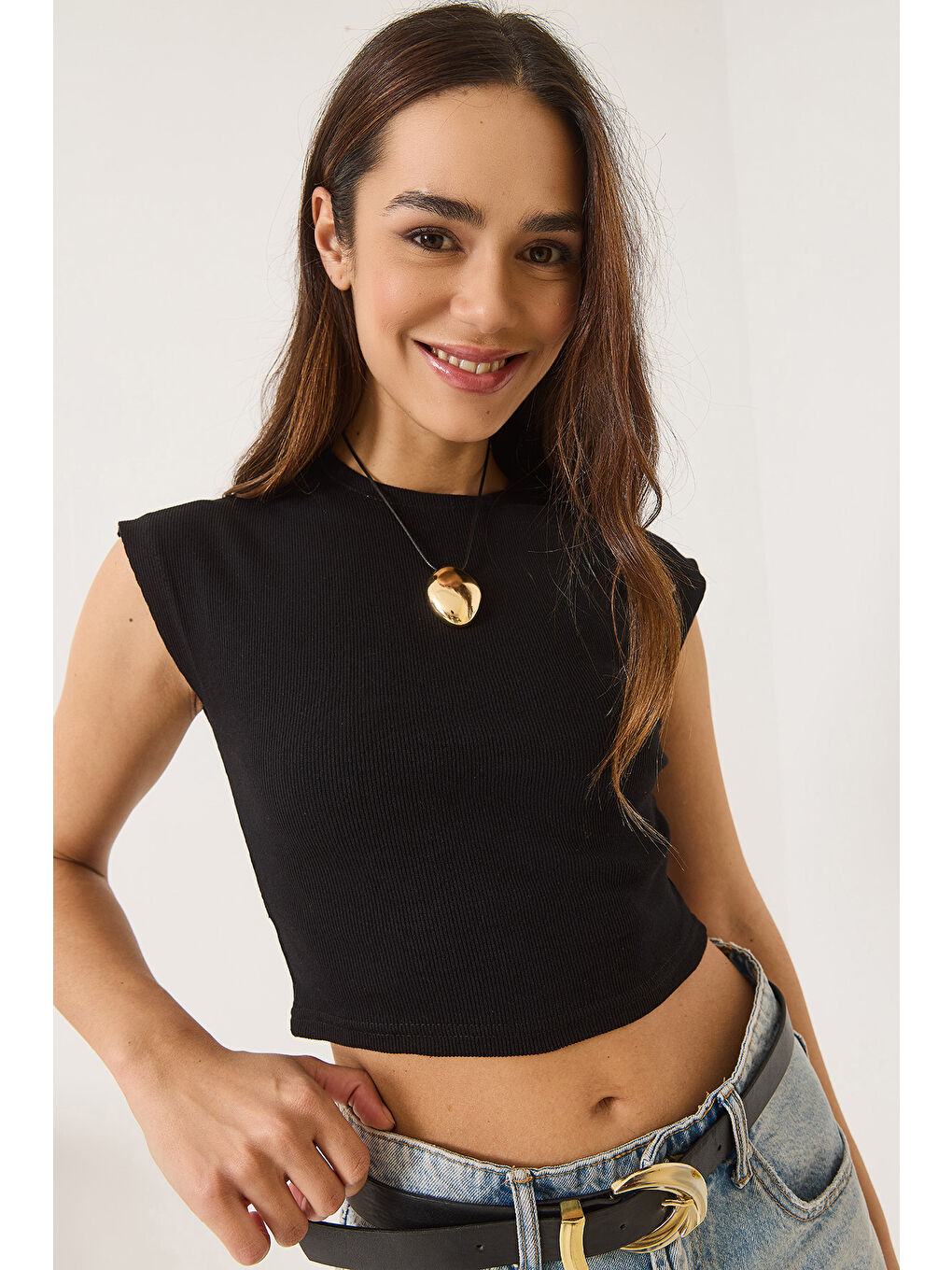 Siyah Kadın Bisiklet Yaka Kısa Kollu Basic Kaşkorse İkili Crop Top T-Shirt-5