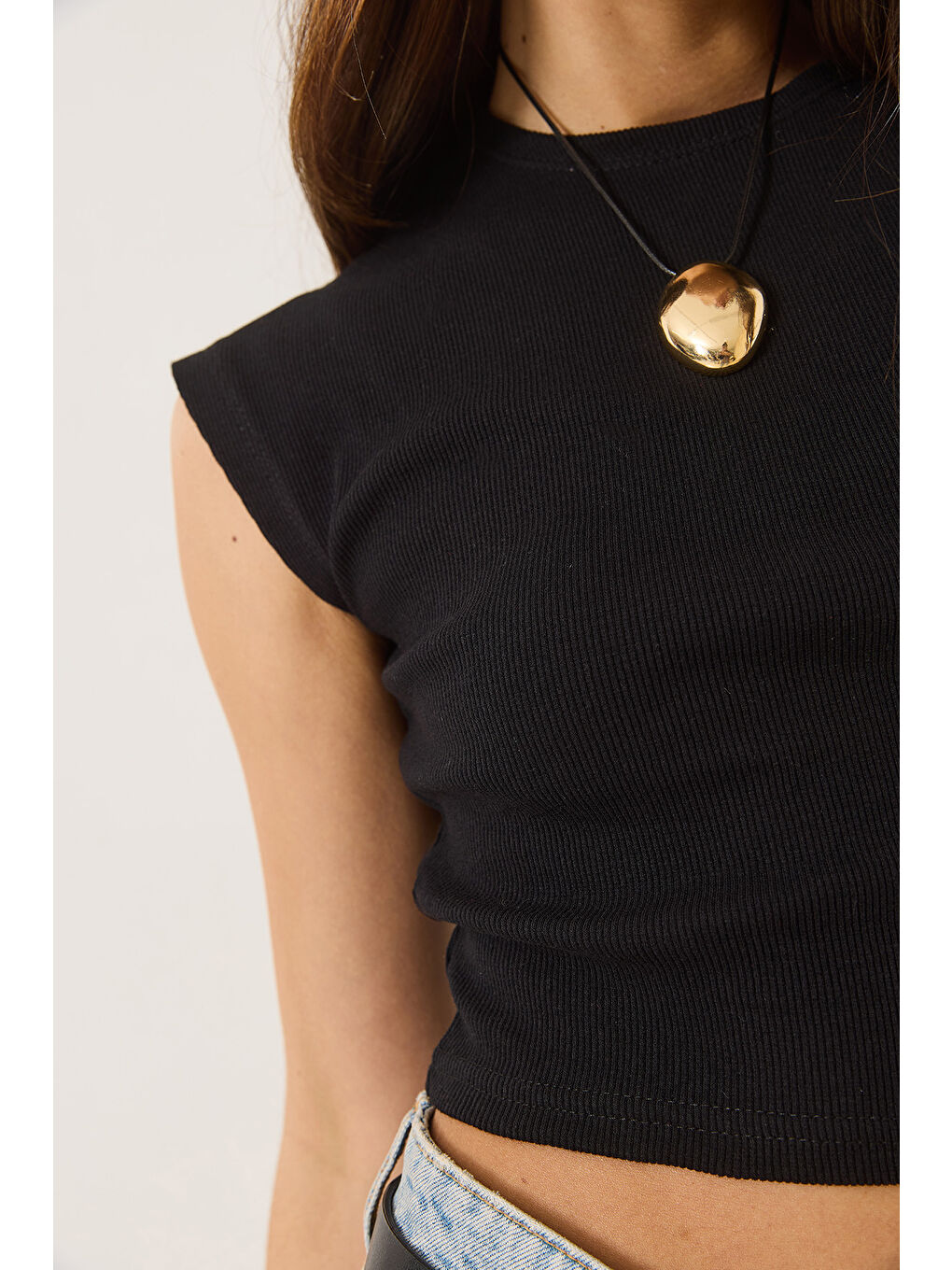 Siyah Kadın Bisiklet Yaka Kısa Kollu Basic Kaşkorse İkili Crop Top T-Shirt-6