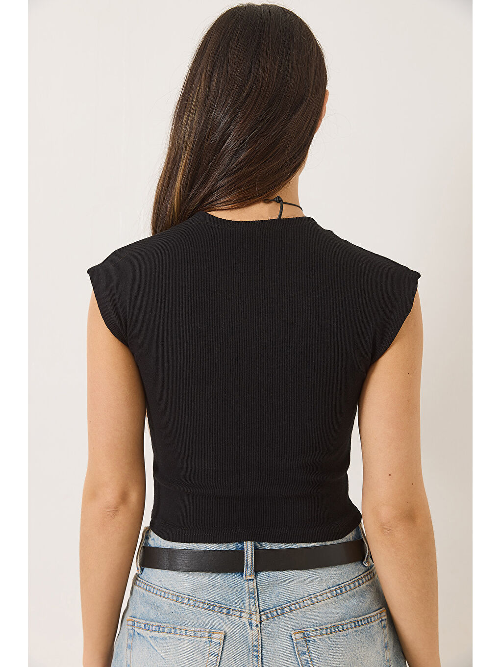 Siyah Kadın Bisiklet Yaka Kısa Kollu Basic Kaşkorse İkili Crop Top T-Shirt-7