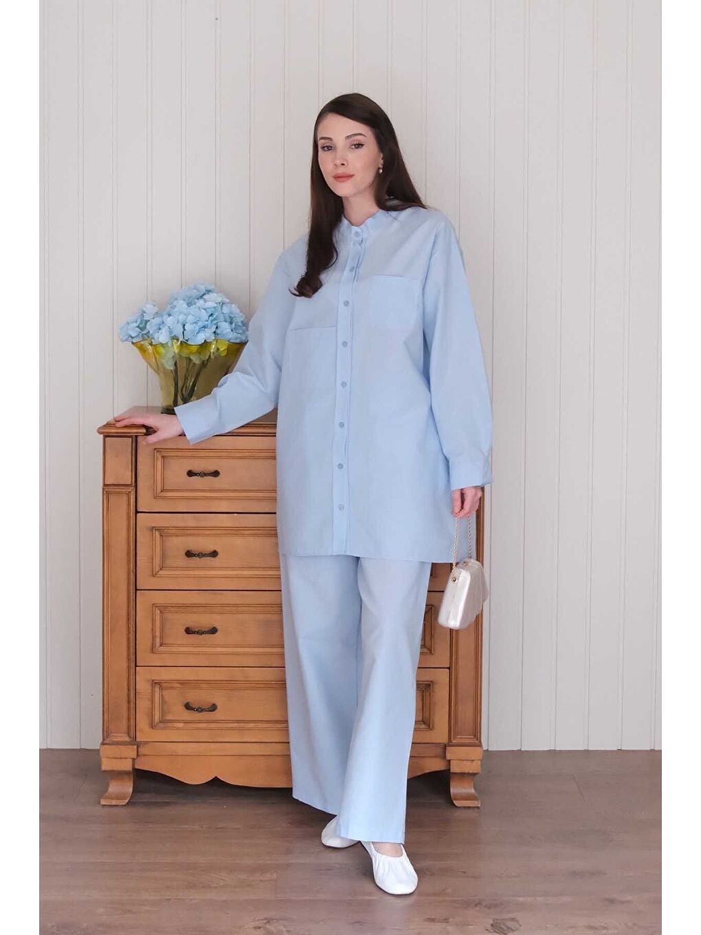 Bebe Mavisi Çapraz Cep Detay Gömlek Boru Paça Pantolon Takım