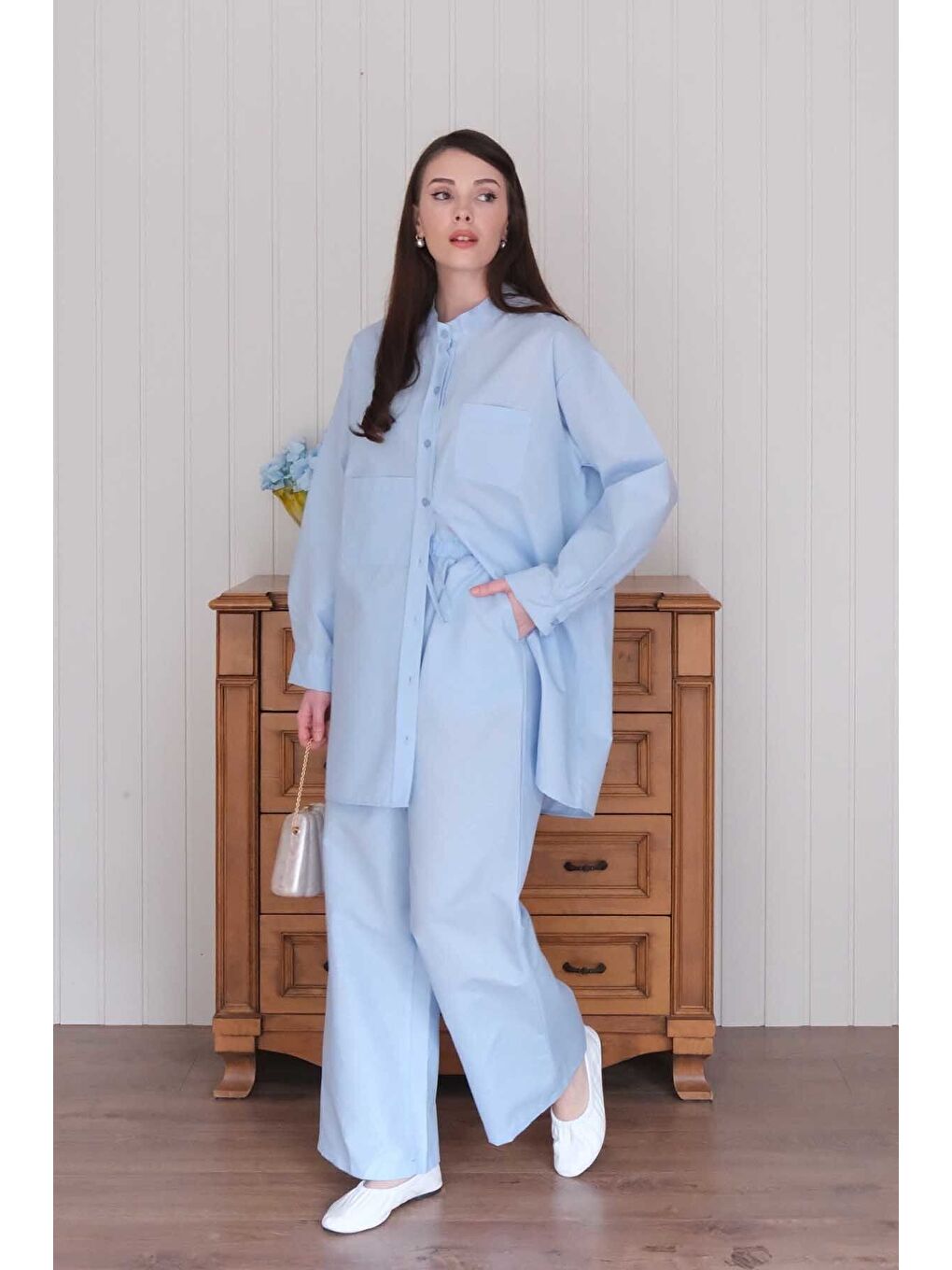 Bebe Mavisi Çapraz Cep Detay Gömlek Boru Paça Pantolon Takım-2