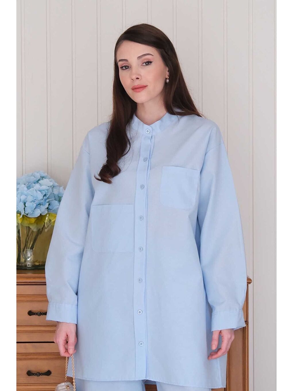 Bebe Mavisi Çapraz Cep Detay Gömlek Boru Paça Pantolon Takım-3