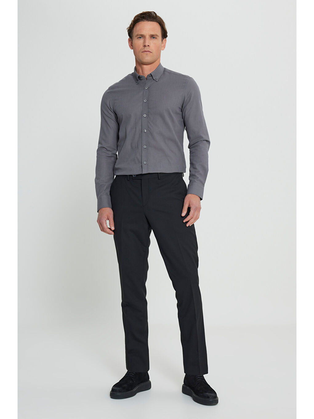 Erkek Siyah Yünlü Slim Fit Dar Kesim Beli Lastikli Yan Cep Klasik Pantolon-2