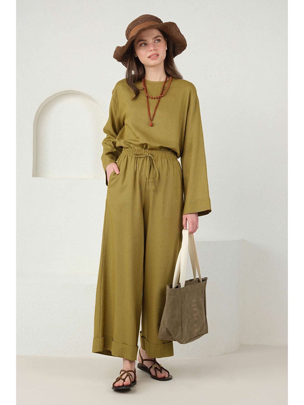 Yeşil Keten Bol Paça Pantolon Olive