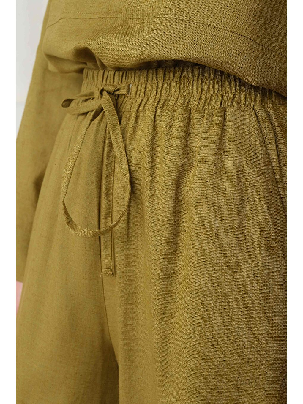 Yeşil Keten Bol Paça Pantolon Olive-1