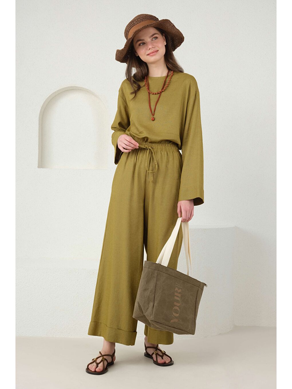Yeşil Keten Bol Paça Pantolon Olive-2