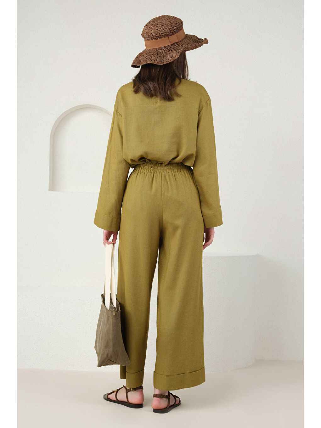 Yeşil Keten Bol Paça Pantolon Olive-3
